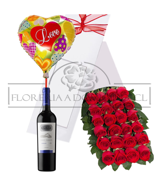 Caja 24 Rosas + Vino 750cc + Globito